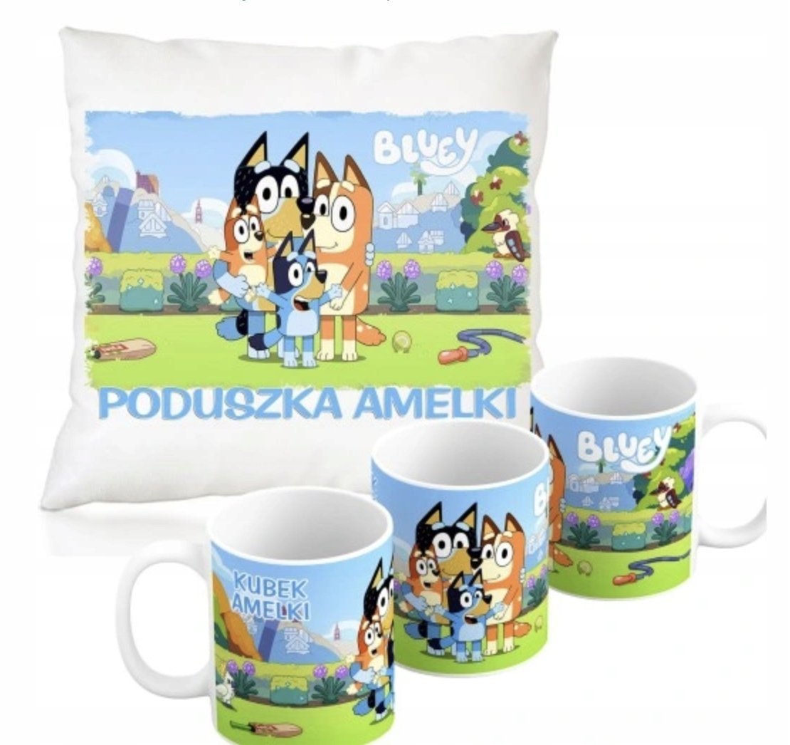 ZESTAW PODUSZKA + KUBEK Prezent BLUEY BLU PIESEK + IMIĘ 38