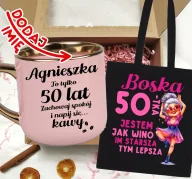 Gadżety dla niej i dla niego - Zestaw prezentowy na 50 urodziny - kubek na 50 z imieniem oraz torba - miniaturka - grafika 1