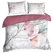 Pościel - Pościel satynowa MOLLY 200x220 Eurofirany biała ciemnoróżowa pastelowe liście miłorzębu - miniaturka - grafika 1