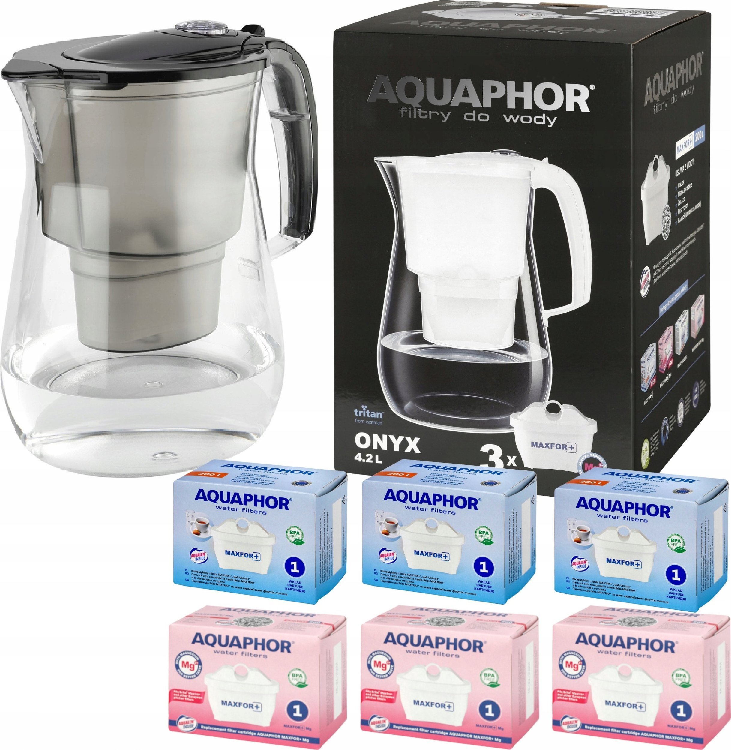 Dzbanek filtrujący Aquaphor Onyx 4,2 czarny z filtrami 3 zwykłe 3 magnezowe