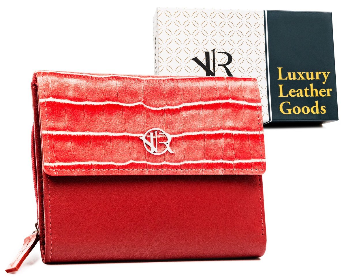 Portfel damski skórzany Rovicky pojemny na zatrzask portmonetka na karty i dokumenty z ochroną RFID, czerwony