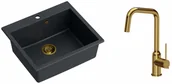 Zlewozmywaki z baterią - Quadron Zlewozmywak granitowy jednokomorowy 57*50*22 cm MORGAN 110 BLACK DIAMOND ze złotym odpływem z baterią NATALIE Q LINE kolor złoty - miniaturka - grafika 1
