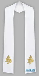Biała stuła haftowana - szeroka jednostronna Wzór IHS - Szaty liturgiczne - miniaturka - grafika 1