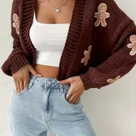 Swetry damskie - TEMU Uroczy Sweter z Przyciskami w Kształcie Piernika - Krótki Krótki Kardigan z Kołnierzykiem, Zimowa Kurtka do Warstwowania na Jesień/Zimę, - miniaturka - grafika 1