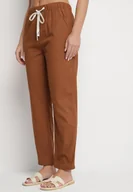 Spodnie damskie - Brązowe Bawełniane Spodnie z Wiązaniem Galtebis - miniaturka - grafika 1