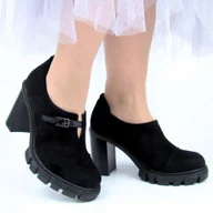 Półbuty damskie - JEZZI ASA218-7 damskie półbuty na słupku wkładka skóra czarne - miniaturka - grafika 1