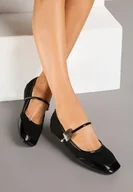 Baleriny - Czarne Balerinki z Lakierowaną Wstawką i Ozdobną Sprzączką Neorwen - miniaturka - grafika 1
