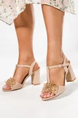 Espadryle damskie - Beżowe sandały z kryształkami damskie na słupku t-bar skórzana wkładka Casu ER24X4-N-41 - miniaturka - grafika 1