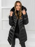 Kurtki damskie - Czarna długa pikowana kurtka płaszcz damska zimowa z kapturem Denley 5M3162 - miniaturka - grafika 1