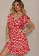 Sukienki - Czerwona Bawełniana Sukienka o Rozkloszowanym Kroju z Guzikami w Kwiatowy Wzór Roniva - miniaturka - grafika 1