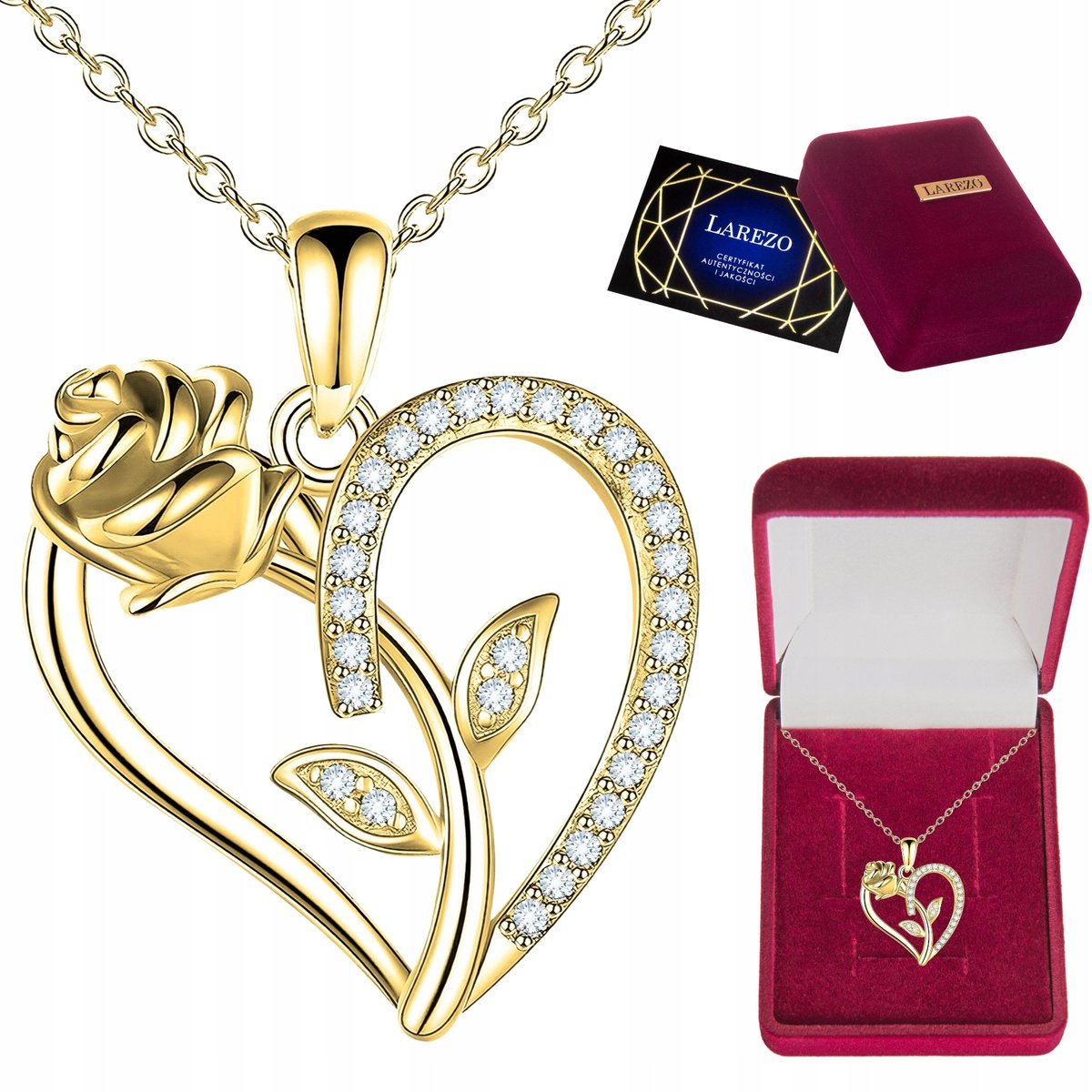 Złoty Naszyjnik 925 Serce z Różą z Cyrkoniami Serduszko Kwiat Kwiatek