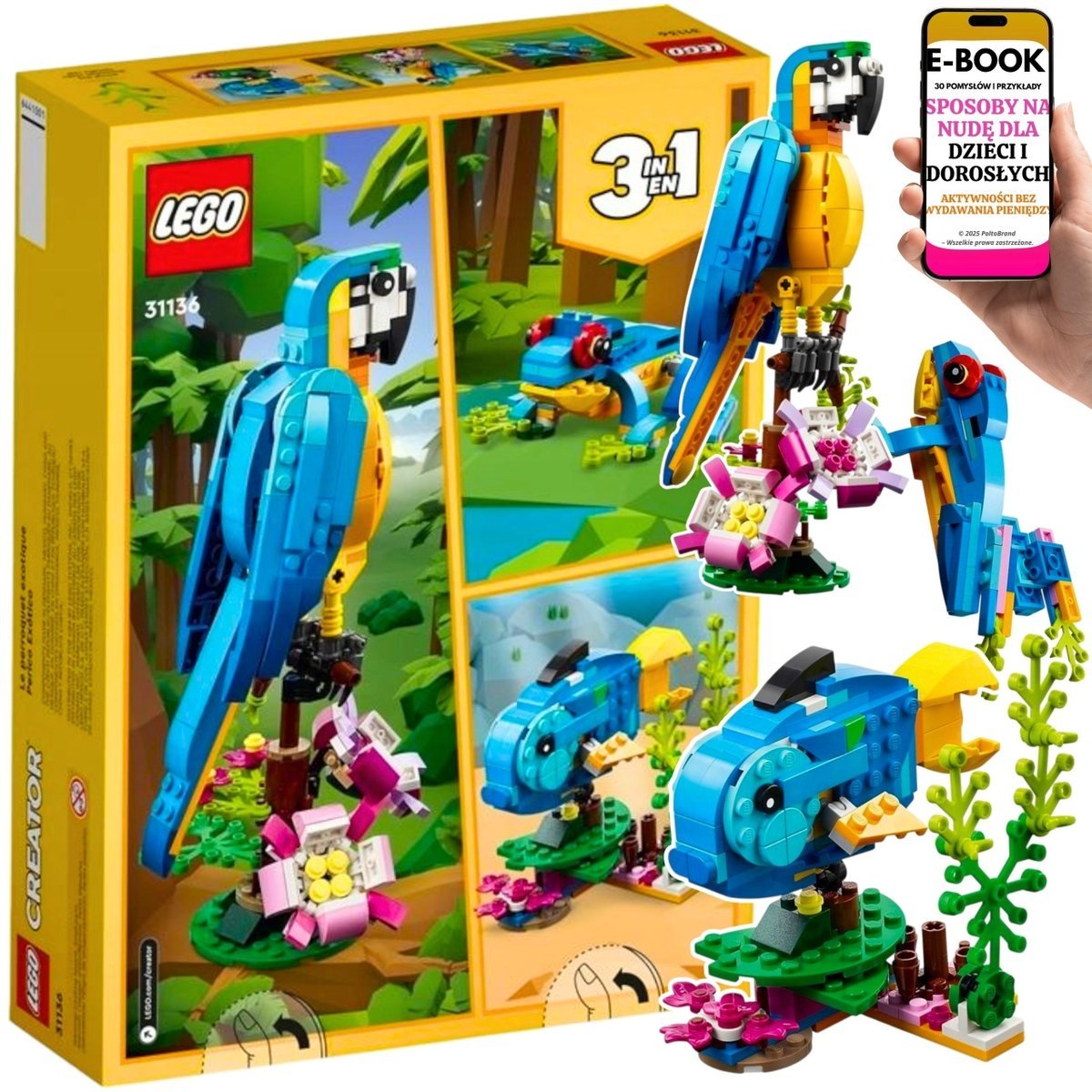 LEGO® 31136 – Egzotyczna Papuga 3w1 – Papuga, Ryba, Żaba - KREATYWNY PREZENT DLA DZIECKA Zestaw LEGO® na URODZINY lub ŚWIĘTA + EBOOK-3