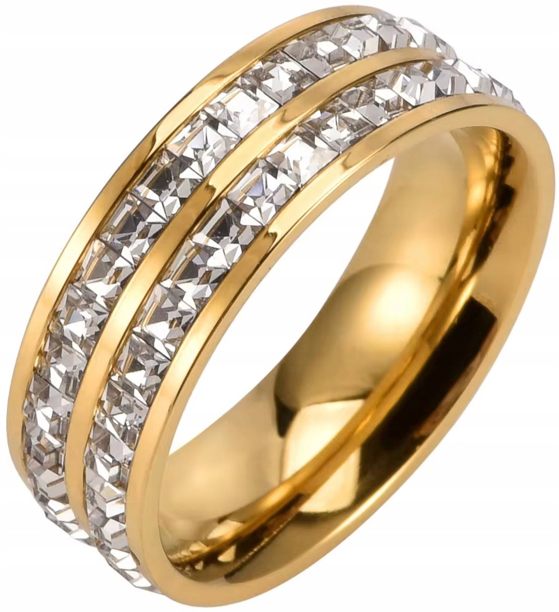 Złoty Pierścionek Podwójny z Kwadratowymi Cyrkoniami Stal Chirurgiczna