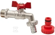 Zawory i kraniki - Zawór kulowy czerpalny Oligo z dławikiem z motylkiem aluminiowym (MAl) z końcówką do węża i szybkozłącza niklowany 1/2" - miniaturka - grafika 1