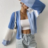 Swetry damskie - TEMU Kardigan z Ombre w Kolorze Niebieskim i Błękitnym - Krótka Kurtka Z Długimi Raglanowymi, Sylwetką H-Line oraz Kołnierzem, Pranie Maszynowe - miniaturka - grafika 1