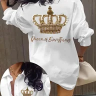 Koszule damskie - TEMU Elegancka bluzka damska z długim rękawem i nadrukiem Korony i Królowej Wszystkiego - ze złotymi napisami, tłem, okrągłym dekoltem, idealna na co - miniaturka - grafika 1