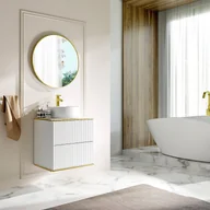 Szafki łazienkowe - Podwieszana szafka łazienkowa prążkowana ze złotym wykończeniem z okrągłą umywalką nablatową - Biała - Szer. 60 cm - KELIZA - miniaturka - grafika 1