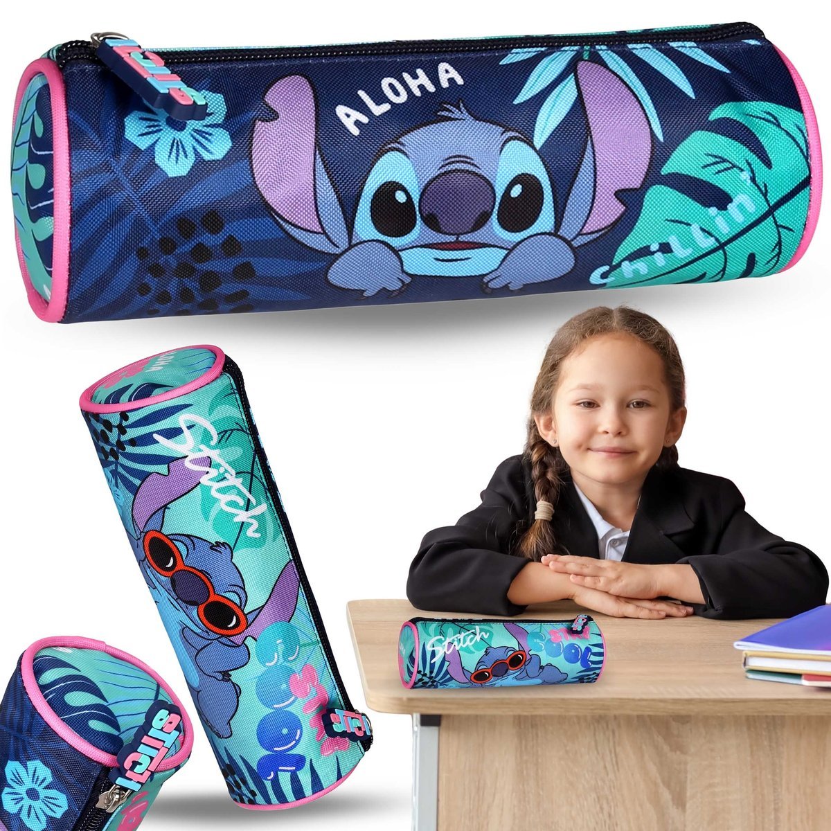 DISNEY Stitch ALOHA Niebieski piórnik szkolny dla dziewczynki, TUBA, saszetka na przybory szkolne 22x8x8cm