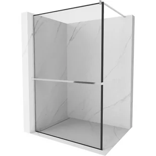 Mexen Kioto+ ścianka prysznicowa z półką i relingiem 90 x 200 cm, transparent/czarny wzór 8 mm, chrom - Ścianki i drzwi prysznicowe - miniaturka - grafika 1
