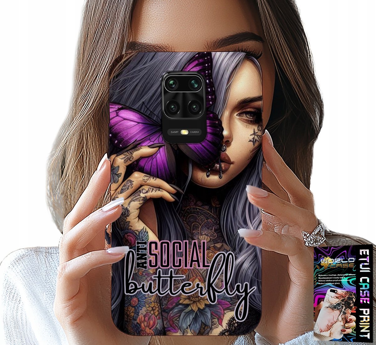 ETUI DO XIAOMI NOTE 9 PRO / 9S - ANTI SOCIAL BUTTERFLY RÓŻOWY MOTYL + SZKŁO