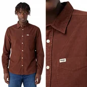 Koszule męskie - Wrangler 1 POCKET SHIRT Potting Soil BRĄZOWA SZTRUKSOWA KOSZULA REGULAR M - miniaturka - grafika 1