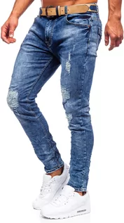 Spodnie męskie - Granatowe jeansowe spodnie męskie skinny fit z paskiem Denley R85082S0 - grafika 1