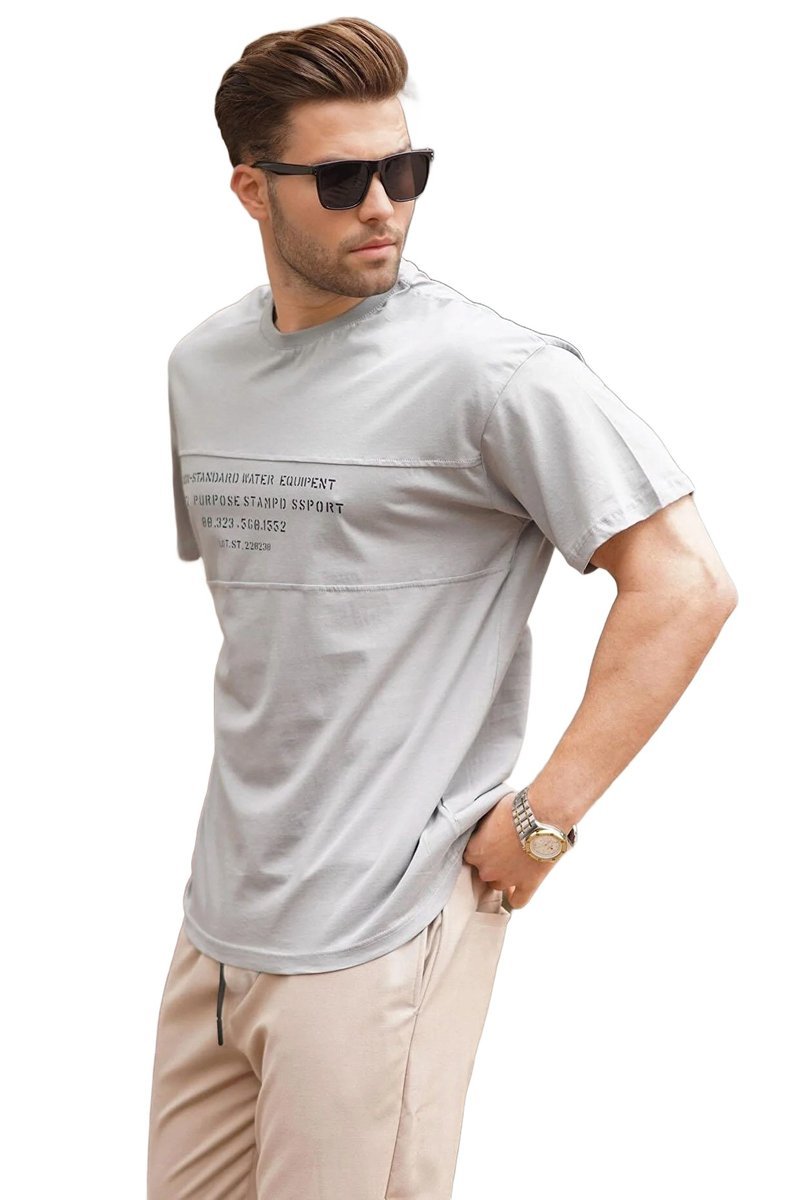 MADMEXT T-SHIRT MĘSKI SZARY Z NAPISEM I DEKOLTEM OKRĄGŁYM L 5DA