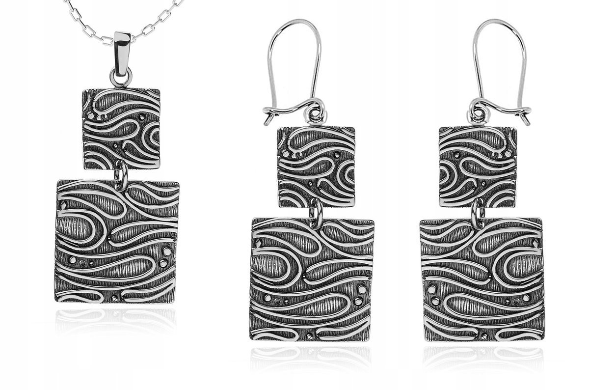 Komplet Biżuterii Srebrnej Wiszące Kwadraty 925!