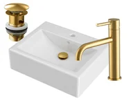 Umywalki - Złoty Zestaw Łazienkowy Umywalka + Bateria + Korek - miniaturka - grafika 1