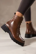 Botki damskie - Brązowe botki skórzane damskie Sergio Leone na bieżnikowanej platformie ozdobne przeszycia na cholewce sznurowane GI295-H - miniaturka - grafika 1