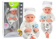 Lalki dla dziewczynek - Lalka Bobas w Biało-Siwym Ubranku W Paski Czapeczka Smoczek Kołderka - miniaturka - grafika 1