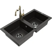 Zlewozmywaki z baterią - Mexen Mario zlewozmywak granitowy 2-komorowy z baterią kuchenną Carla, czarny/złoty metalik - miniaturka - grafika 1