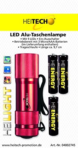 Heitech aluminiowa latarka z 9 diodami LED – włącznik/wyłącznik, w zestawie 3 baterie AAA/Micro, czerwona