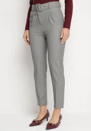 Spodnie damskie - Szare Spodnie Garniturowe z Wiskozą Ozdobione Szerokim Paskiem Atteriana - miniaturka - grafika 1