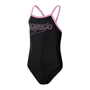 Stroje kąpielowe - Speedo Girl's Boom Logo Thinstrap Muscleback czarny/różowy strój kąpielowy/kostium kąpielowy, Czarny/różowy Taffy, 6 lat - grafika 1