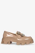 Półbuty damskie - Beżowe mokasyny lakierowane damskie na platformie z kryształkami Casu G23X1-BE-40 - miniaturka - grafika 1
