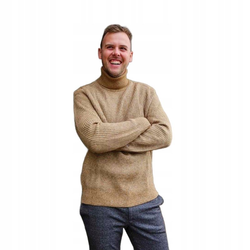 TOMMY HILFIGER SWETER MĘSKI Z GOLFEM W PRĄŻKI BEŻOWY Z WEŁNĄ XL XTA