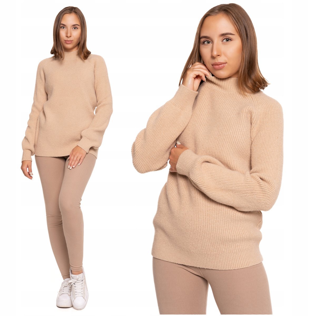 Beżowy SWETER DAMSKI Luźny Miękka Dzianina Modny Kobiecy Pół Golf MORAJ XXL