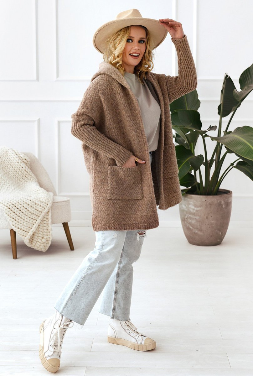Długi kardigan z kapturem - latte One size Sploty