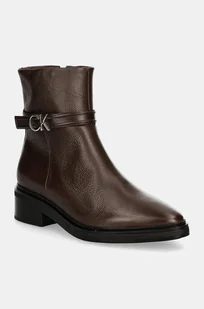 Calvin Klein botki skórzane HEEL ANKLE BOOT 30 W/HW LTH damskie kolor brązowy na płaskim obcasie HW0HW02183 - Botki damskie - miniaturka - grafika 1