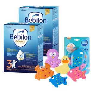 Zestaw Bebilon Advance Pronutra 3 Junior, mleko modyfikowane, po 1 roku, 2 x 1000 g + Canpol Babies, zestaw zabawek do kąpieli z przyssawkami, od urodzenia, 5 sztuk gratis - Mleko modyfikowane - miniaturka - grafika 1