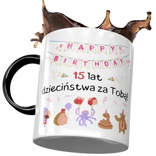 Kubek Czarny na Urodziny 15 15ste 15-ste Prezent z Nadrukiem ze Zdjęciem + Opakowanie na prezent (wzór 03) - Kubki - miniaturka - grafika 1