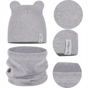 Czapki damskie - CZAPKA + KOMIN komplet DZIECIĘCY z USZKAMI JESIEŃ JESIENNY 42-46 SZARY - miniaturka - grafika 1