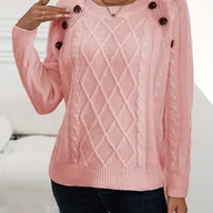 Swetry damskie - TEMU Jednokolorowy dzianinowy sweter ze splotem warkoczowym, sweter na co dzień z okrągłym dekoltem i długim rękawem, odzież damska - miniaturka - grafika 1