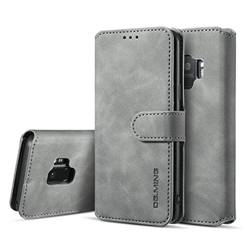 UEEBAI Etui ze skóry PU do Samsung Galaxy S9, styl vintage, retro, portfel premium, etui z klapką TPU wewnętrzna obudowa [przegródki na karty] [magnetyczne zamknięcie] funkcja stojaka, odporne na wstrząsy, pełna ochrona - szare