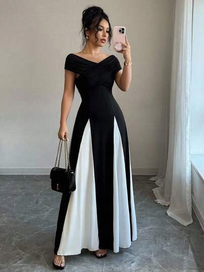 SHEIN CZARNA ELEGANCKA SUKIENKA DŁUGA Z KONTRASTOWYMI WSTAWKAMI 40/42 11KA