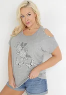 Bluzki damskie - Szara Bluzka Oversize z Rękawami Open Shoulder Ozdobiona Cyrkoniami i Perełkami Kesola - miniaturka - grafika 1