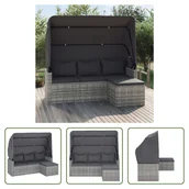 Sofy ogrodowe - The Living Store 3-osobowa sofa ogrodowa z daszkiem i podnóżkiem z szarego polirattanu - miniaturka - grafika 1