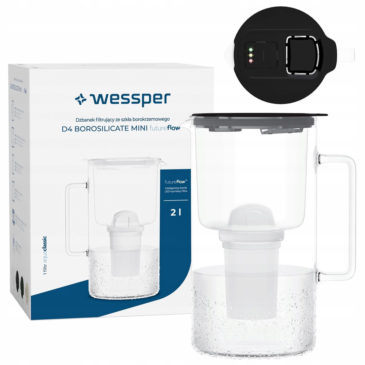 Szklany dzbanek filtrujący Wessper D4 BOROSILICATE MINI futureflow 2l