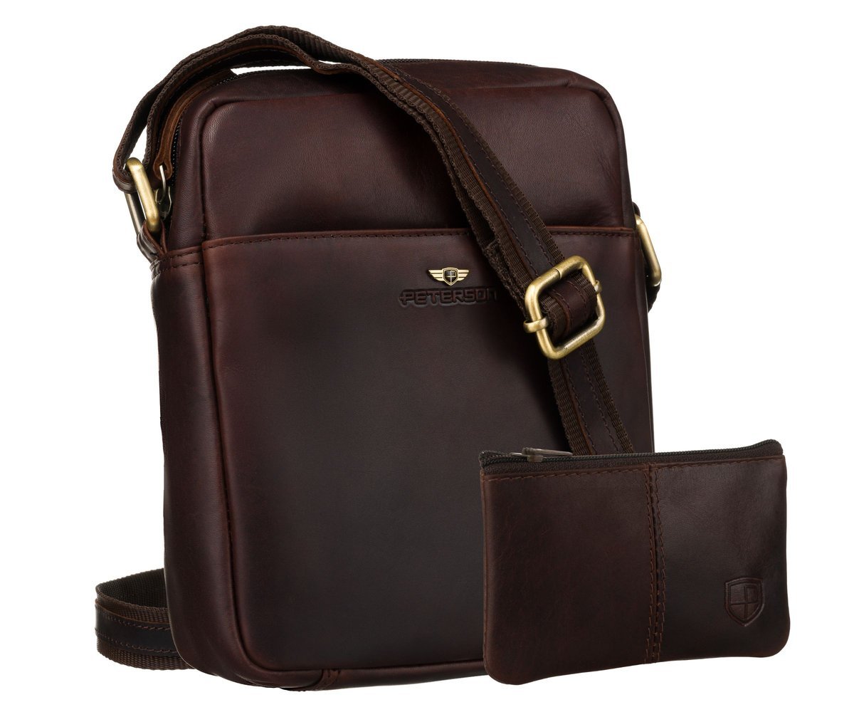 Markowa torebka męska skórzana PETERSON mała listonoszka na ramię crossbody miejska kieszonki na suwak w zestawie etui na klucze brązowa